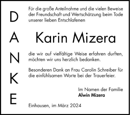 Traueranzeige von Karin Mizera von Bergsträßer Anzeiger