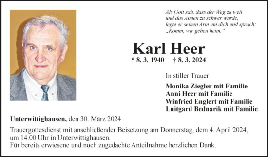 Traueranzeige von Karl Heer von Fränkische Nachrichten