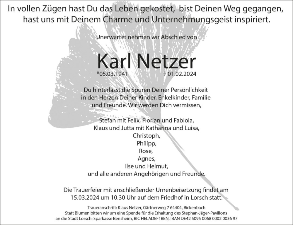  Traueranzeige für Karl Netzer vom 09.03.2024 aus Bergsträßer Anzeiger