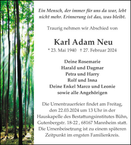 Traueranzeige von Karl Adam Neu von Mannheimer Morgen