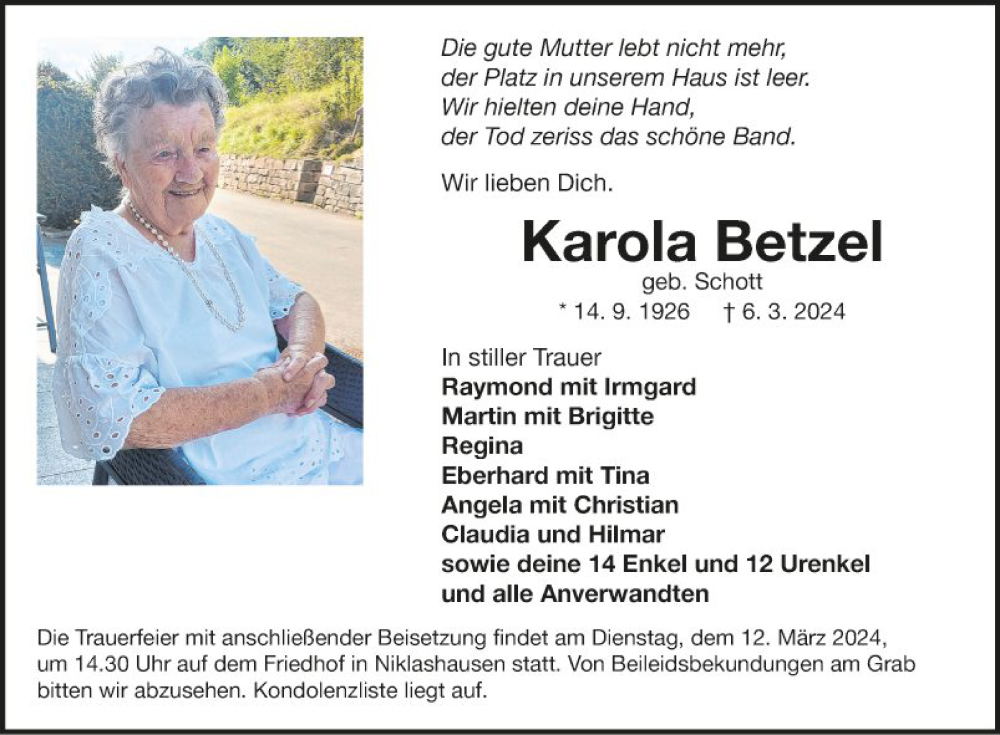  Traueranzeige für Karola Betzel vom 09.03.2024 aus Fränkische Nachrichten
