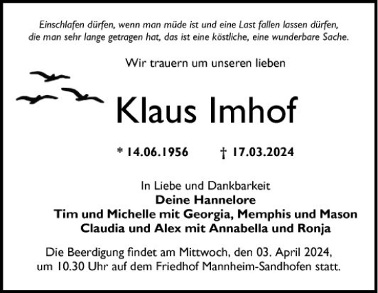 Traueranzeige von Klaus Imhof von Mannheimer Morgen