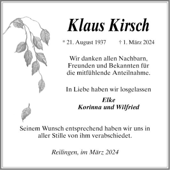 Traueranzeige von Klaus Kirsch von Schwetzinger Zeitung