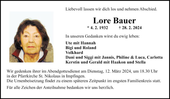 Traueranzeige von Lore Bauer von Fränkische Nachrichten
