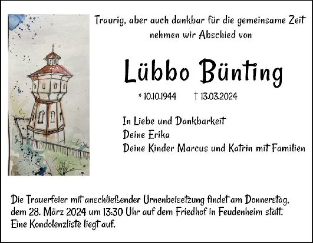  Traueranzeige für Lübbo Bünting vom 23.03.2024 aus Mannheimer Morgen