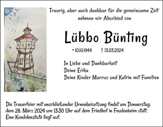 Traueranzeige von Lübbo Bünting von Mannheimer Morgen