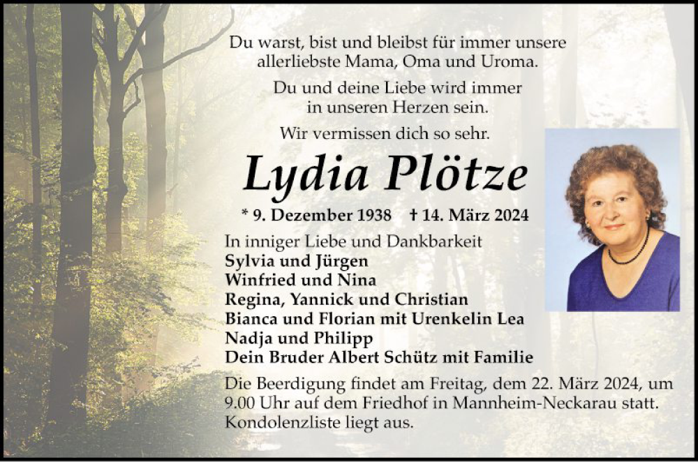  Traueranzeige für Lydia Plötze vom 20.03.2024 aus Mannheimer Morgen