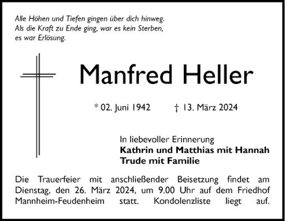  Traueranzeige für Manfred Heller vom 23.03.2024 aus Mannheimer Morgen