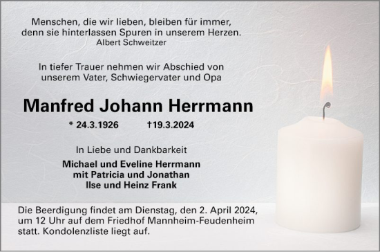 Traueranzeige von Manfred Johann Herrmann von Mannheimer Morgen