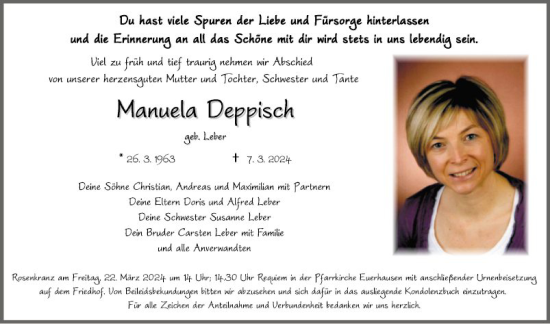 Traueranzeige von Manuela Deppisch von Fränkische Nachrichten