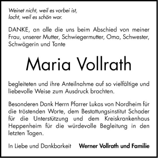 Traueranzeige von Maria Vollrath von Bergsträßer Anzeiger
