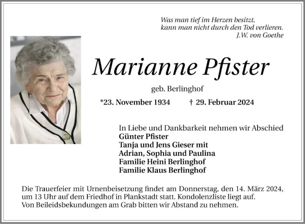  Traueranzeige für Marianne Pfister vom 09.03.2024 aus Schwetzinger Zeitung