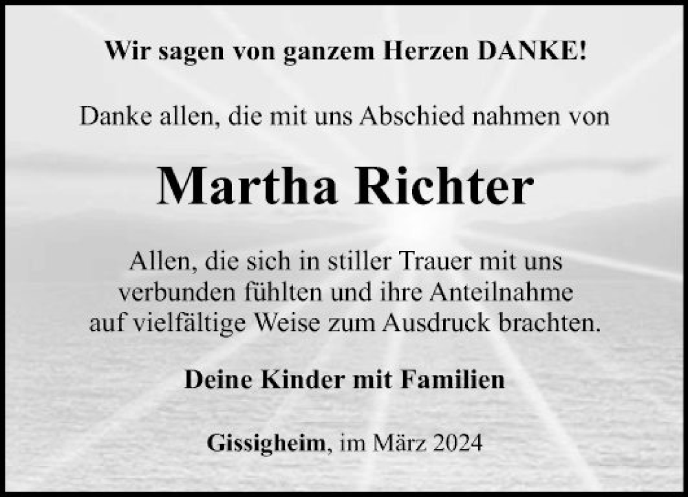  Traueranzeige für Martha Richter vom 09.03.2024 aus Fränkische Nachrichten