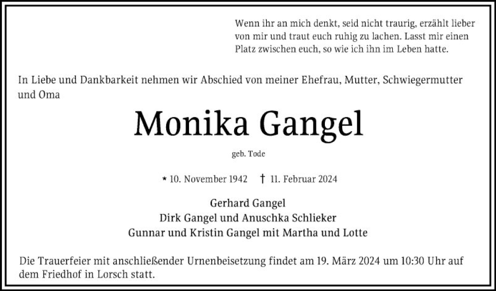 Traueranzeige für Monika Gangel vom 12.03.2024 aus Bergsträßer Anzeiger