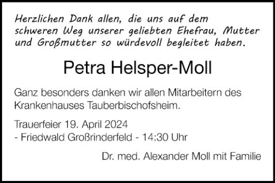 Traueranzeige von Petra Helsper-Moll von Fränkische Nachrichten