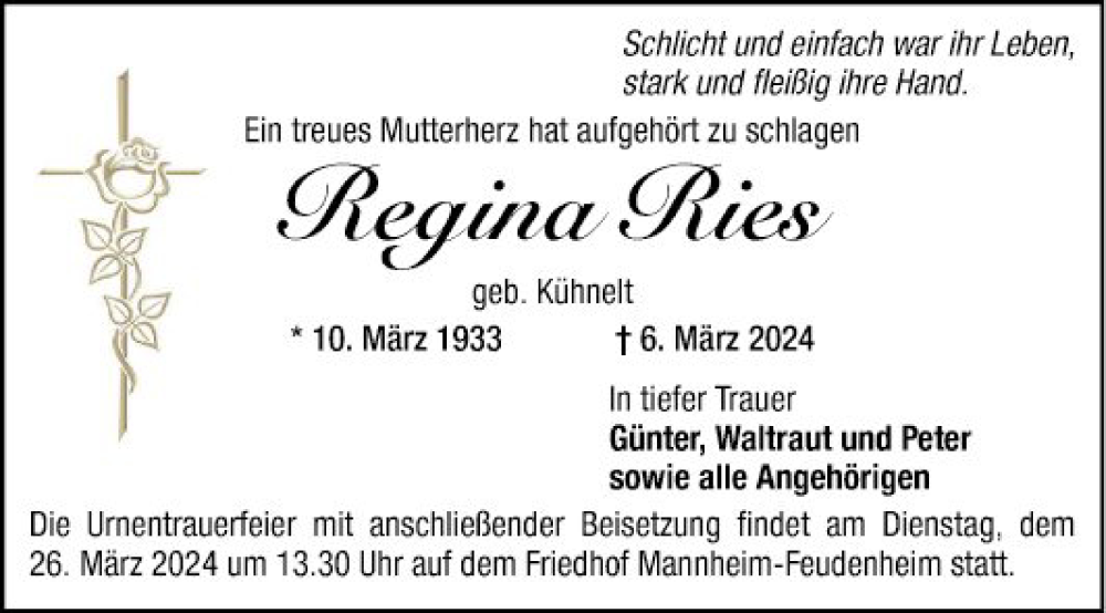  Traueranzeige für Regina Ries vom 16.03.2024 aus Mannheimer Morgen