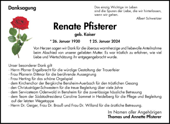 Traueranzeige von Renate Pfisterer von Bergsträßer Anzeiger