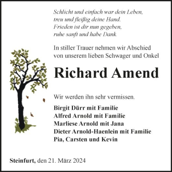 Traueranzeige von Richard Amend von Fränkische Nachrichten