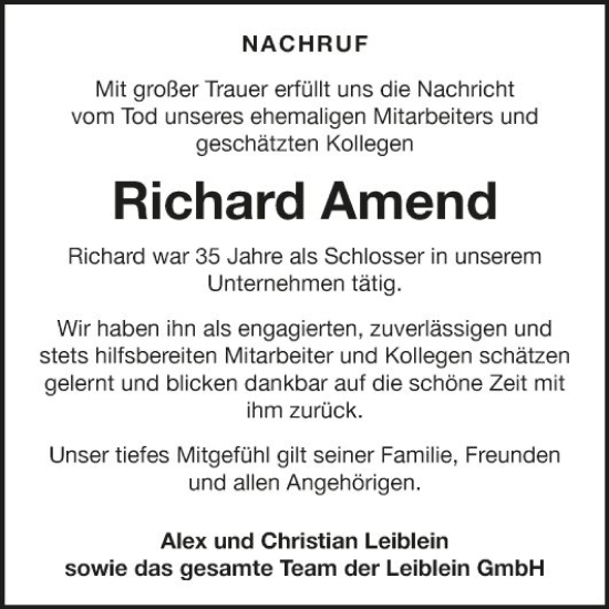 Traueranzeige von Richard Amend von Fränkische Nachrichten