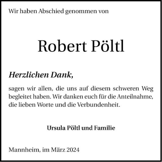 Traueranzeige von Robert Pöltl von Mannheimer Morgen