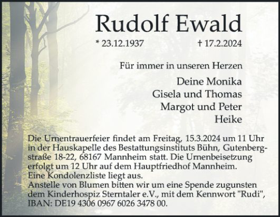 Traueranzeige von Rudolf Ewald von Mannheimer Morgen