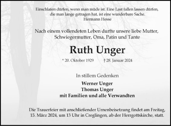 Traueranzeige von Ruth Unger von Fränkische Nachrichten
