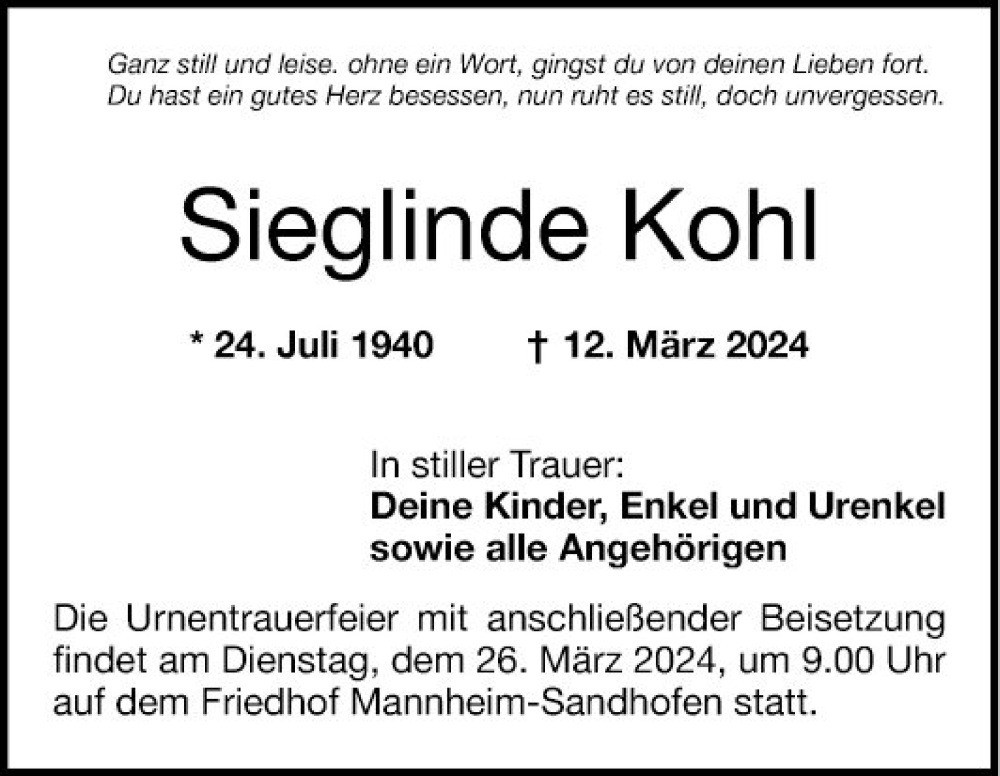  Traueranzeige für Sieglinde Kohl vom 23.03.2024 aus Mannheimer Morgen
