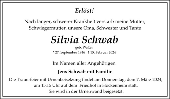 Traueranzeige von Silvia Schwab von Schwetzinger Zeitung