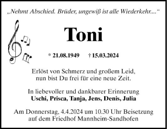 Traueranzeige von Toni  von Mannheimer Morgen