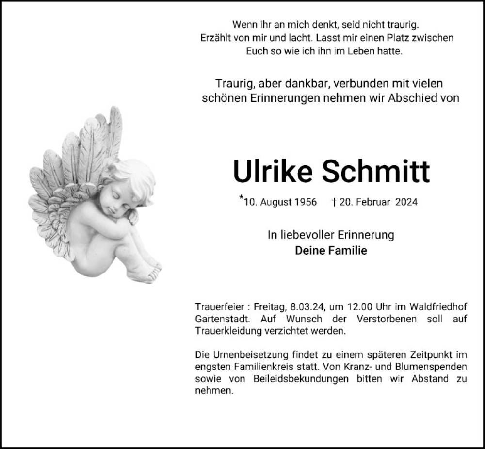  Traueranzeige für Ulrike Schmitt vom 02.03.2024 aus Mannheimer Morgen