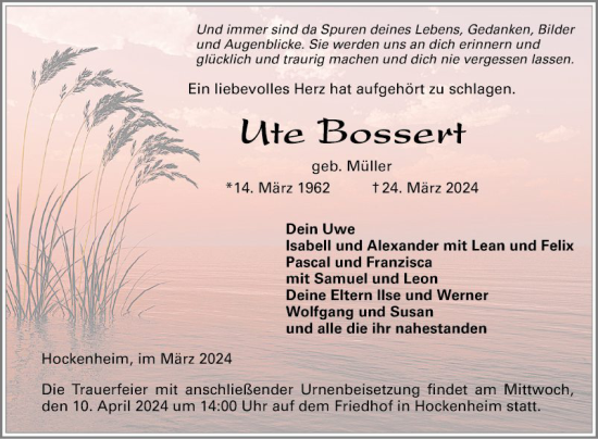 Traueranzeige von Ute Bossert von Schwetzinger Zeitung