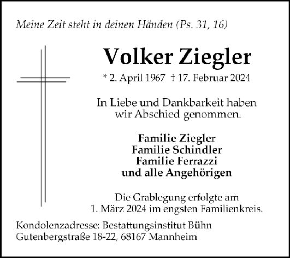  Traueranzeige für Volker Ziegler vom 02.03.2024 aus Mannheimer Morgen