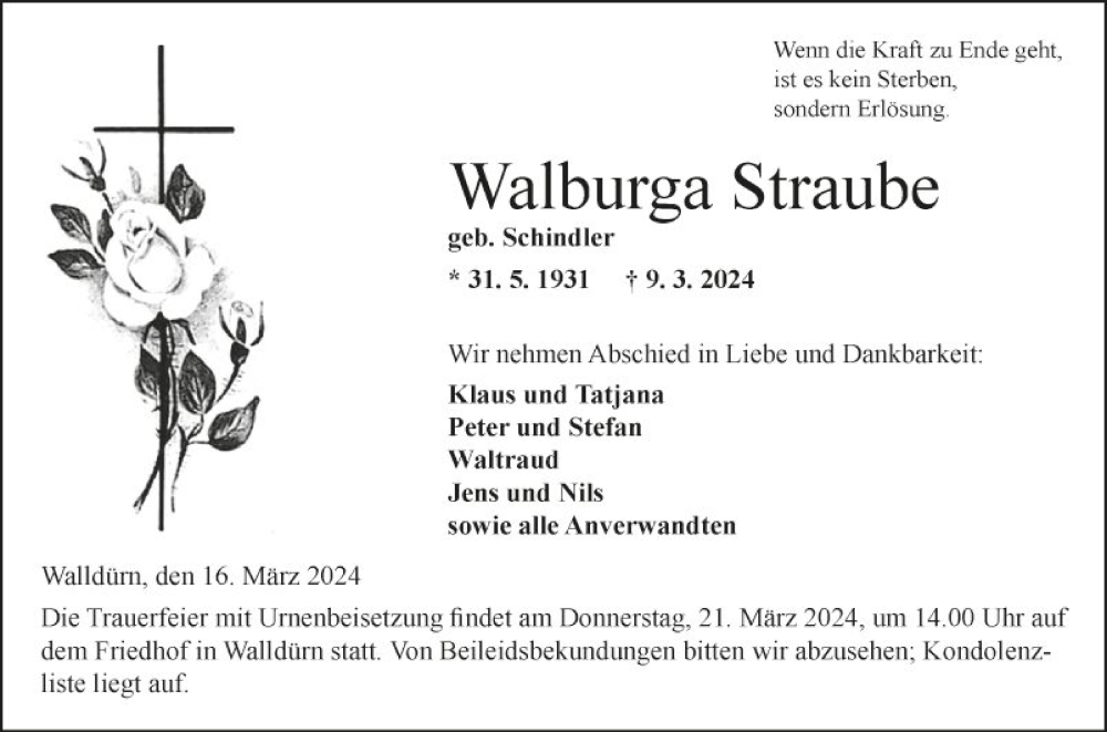  Traueranzeige für Walburga Straube vom 16.03.2024 aus Fränkische Nachrichten