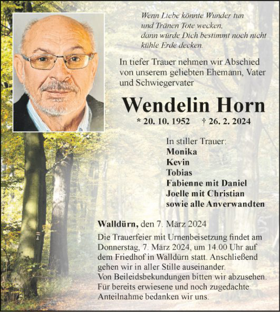  Traueranzeige für Wendelin Horn vom 02.03.2024 aus Fränkische Nachrichten