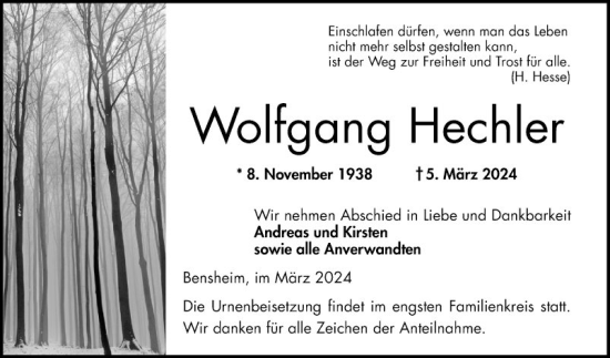 Traueranzeige von Wolfgang Hechler von Bergsträßer Anzeiger