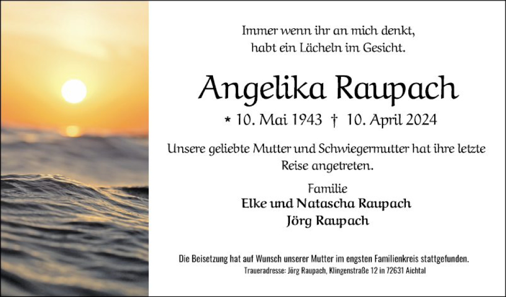  Traueranzeige für Angelika Raupach vom 24.04.2024 aus Fränkische Nachrichten