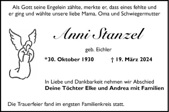 Traueranzeige von Anni Stanzel von Mannheimer Morgen