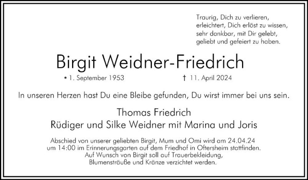  Traueranzeige für Birgit Weidner-Friedrich vom 20.04.2024 aus Schwetzinger Zeitung