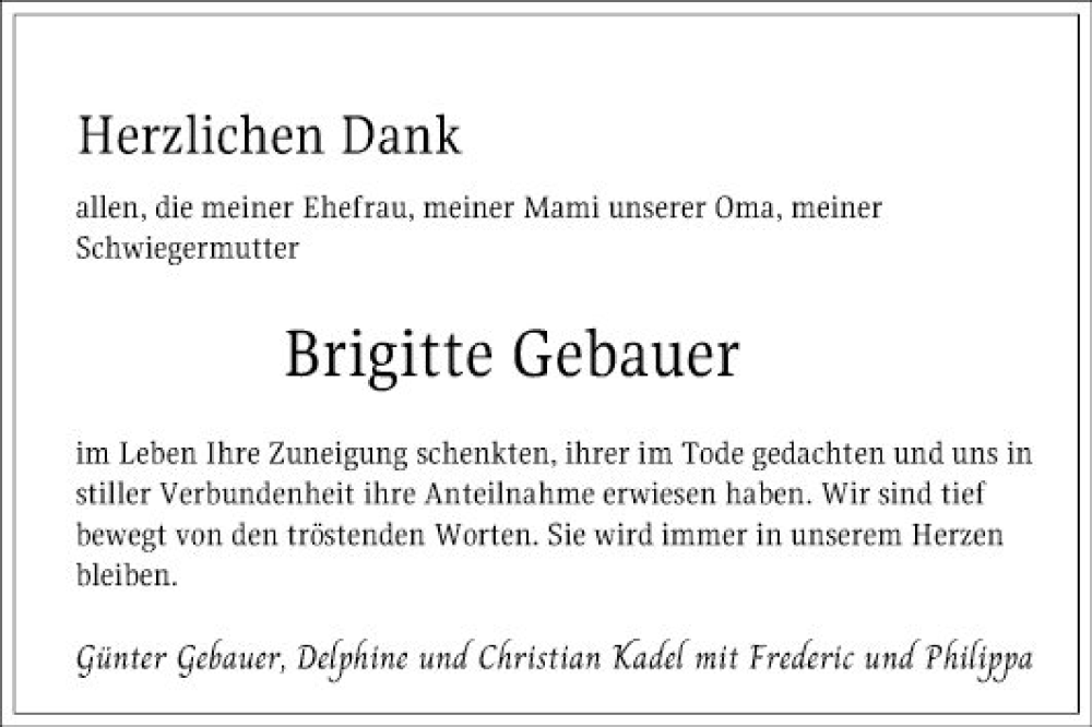  Traueranzeige für Brigitte Gebauer vom 20.04.2024 aus Mannheimer Morgen
