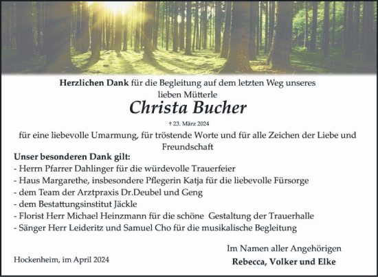 Traueranzeige von Christa Bucher von Schwetzinger Zeitung
