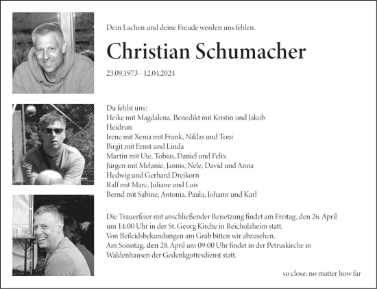 Traueranzeige von Christian Schumacher von Fränkische Nachrichten