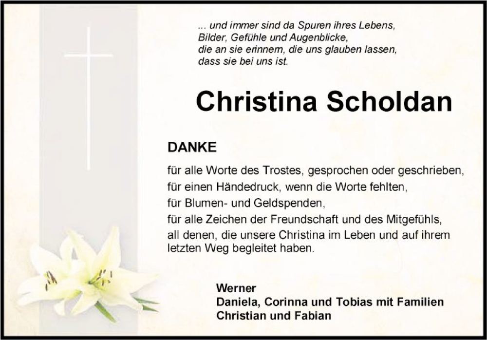  Traueranzeige für Christina Scholdan vom 27.04.2024 aus Fränkische Nachrichten