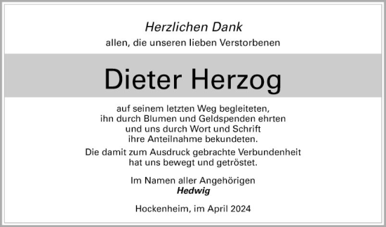 Traueranzeige von Dieter Herzog von Schwetzinger Zeitung