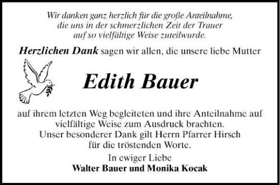 Traueranzeige von Edith Bauer von Mannheimer Morgen
