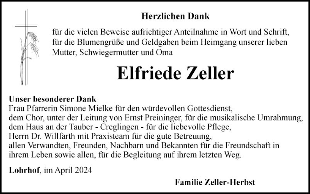  Traueranzeige für Elfriede Zeller vom 13.04.2024 aus Fränkische Nachrichten
