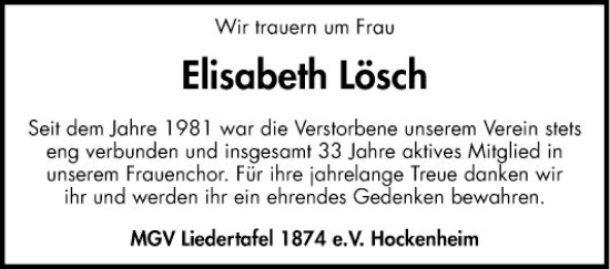Traueranzeige von Elisabeth Lösch von Schwetzinger Zeitung