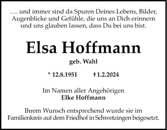 Traueranzeige von Elsa Hoffmann von Schwetzinger Zeitung