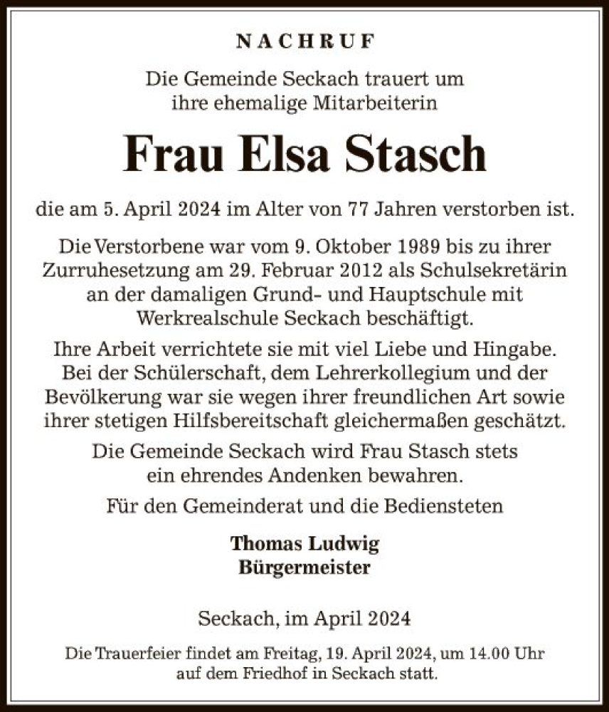  Traueranzeige für Elsa Stasch vom 17.04.2024 aus Fränkische Nachrichten