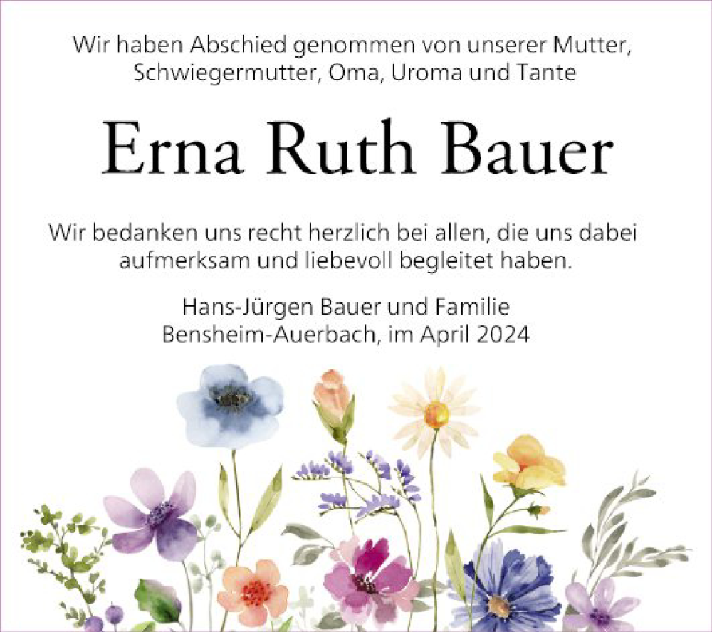 Traueranzeige für Erna Ruth Bauer vom 13.04.2024 aus Bergsträßer Anzeiger