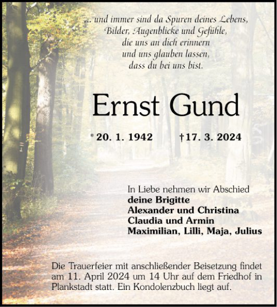 Traueranzeige von Ernst Gund von Schwetzinger Zeitung